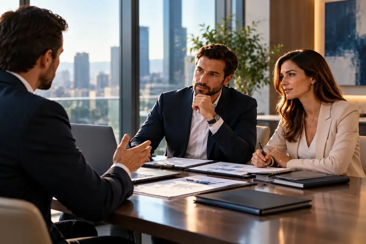 Fotografia ilustrativa de conversa consultiva em uma sala corporativa